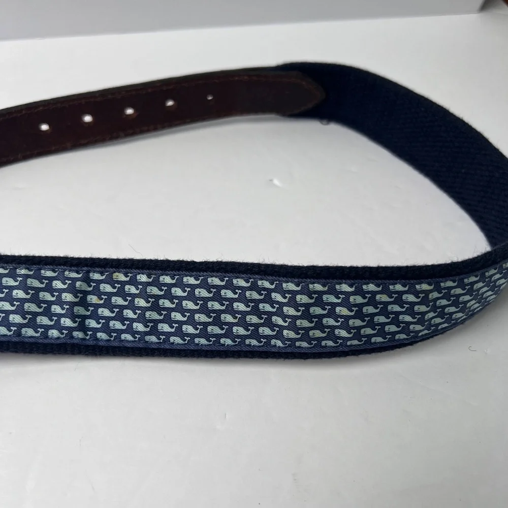 Vineyard Vines Navy Blue Whale Print Kids Belt with Brown Leather Trim